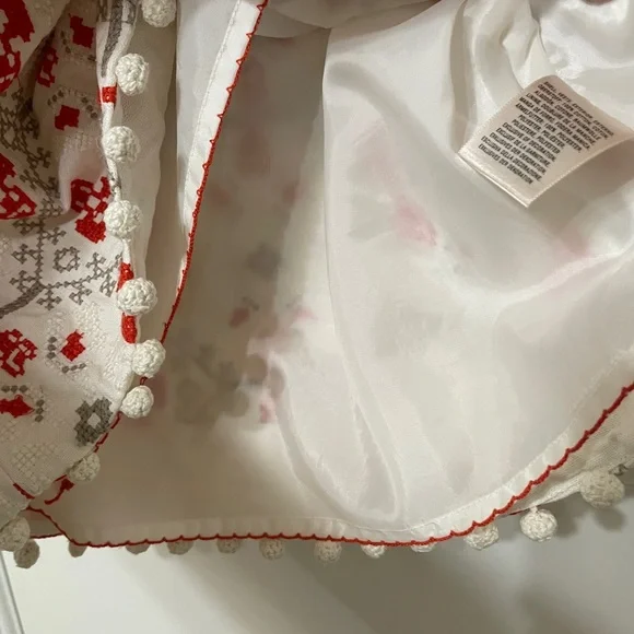 Anthropologie Maeve Blomma Pom Pom Skirt cream and orangey red with side zip - Picture 2 of 7